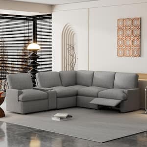 104 in. W Gray Square Arm Linen L Shaped 5-Seater Reclining Sectional Sofa with Storage Box, Cup Holders