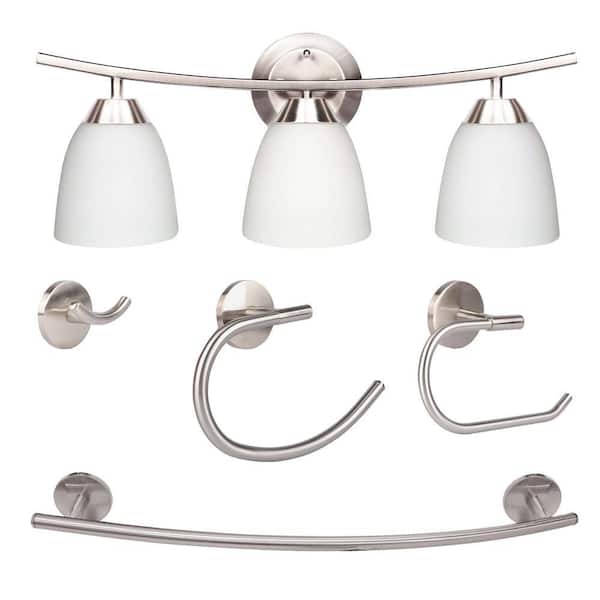 22 in. 3-Light Brushed Nickel Vanity Light with Bathroom Set (5-Piece)