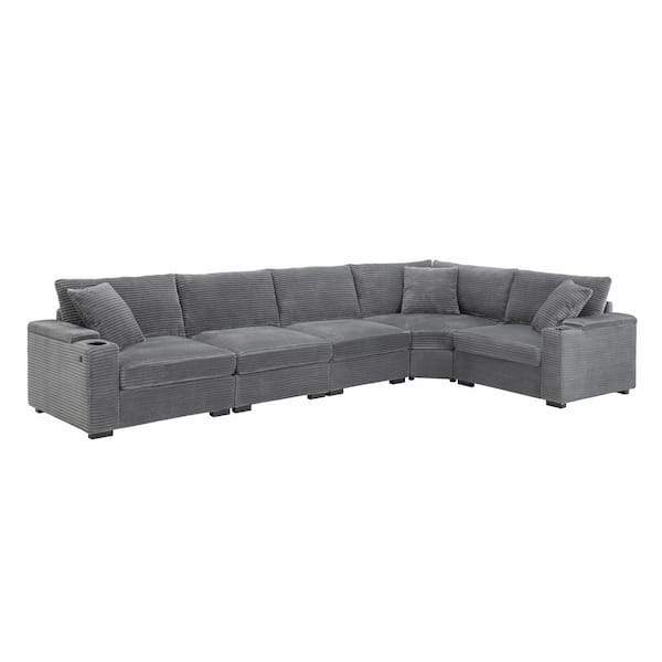 106 in. Square Arm Corduroy Sectional Sofa with Armrest Storage, Cup Holders, USB Charger in. Gray
