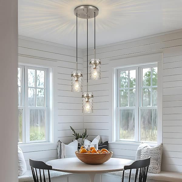Jasslynn 3-Light Brushed Nickel Modern Pendant Light with Water Rippled Glass Shades for Bedroom and Living Room