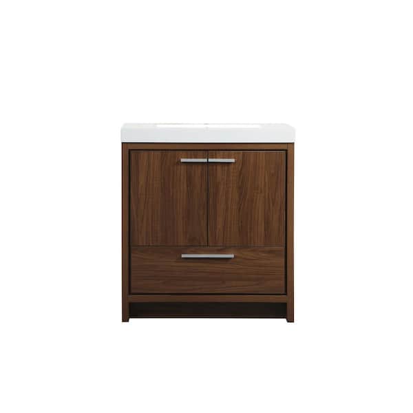 Unbranded Simply Living 30 in. Single Bathroom Vanity in Walnut with Resin Vanity Top in White