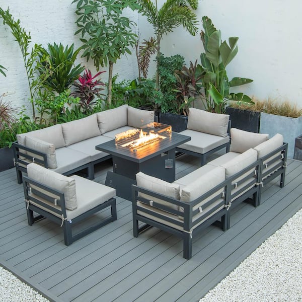 Leisuremod Chelsea Black 9-Peice Aluminum Sectional and Patio Fire Pit Set with Beige Cushions