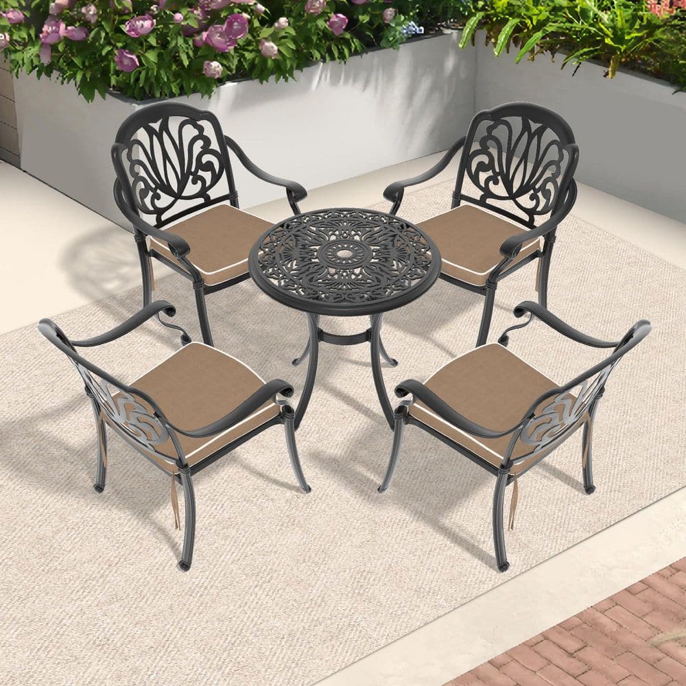Black 5-Piece Cast Aluminum Outdoor Dining Set with Brown Cushions and Stackable Design durable construction price history on PriceWatchPro