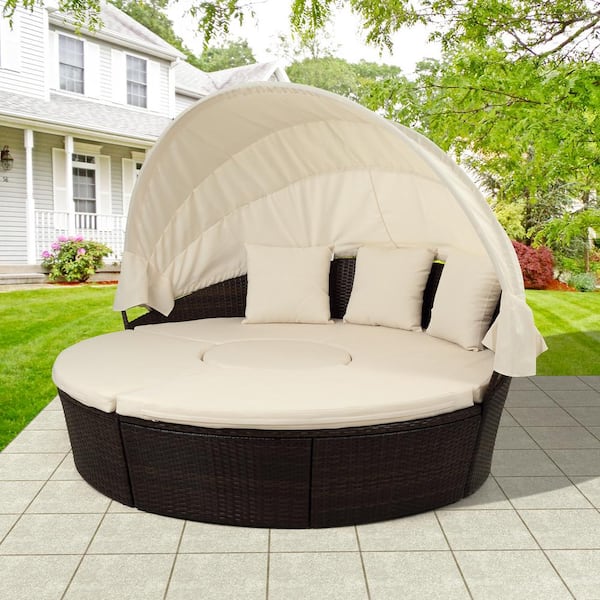 Unbranded 5-Piece Wicker Outdoor Day Bed with Beige Cushions and Retractable Canopy