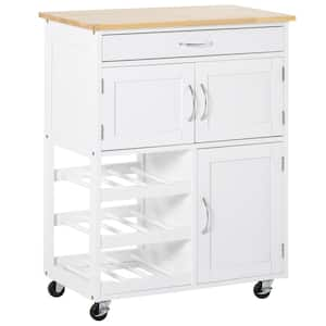 White Wood 26.5 in. W Kitchen Island with Wine Rack & Drawer, Rolling Bar Cart on Wheels