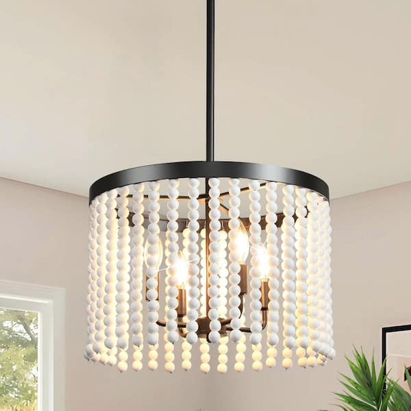 KAISITE 18 in. 4-Light Black Rustic Adjustable Coastal Boho White Wood Beaded Linear Chandelier Light Fixture For Kitchen Island