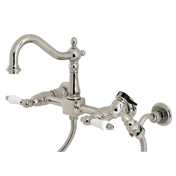 Kingston Brass Heritage 2-Handle Wall Mount Kitchen Faucets with Brass Sprayer in Polished Nickel