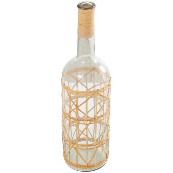Litton Lane Clear Handmade Tall Glass Decorative Vase with Light Brown Rattan Woven Body and Neck