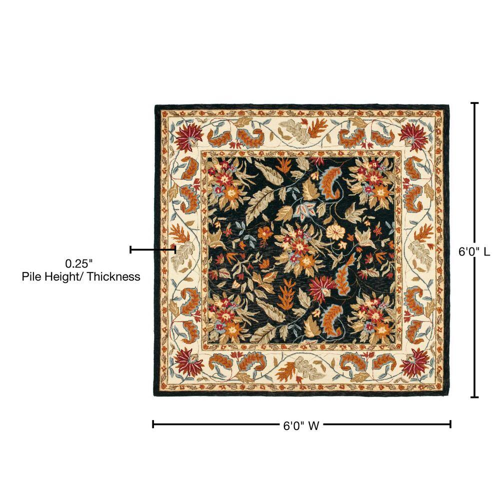 Black Floral Wool Hand-Hooked Square Area Rug, 6' x 6'