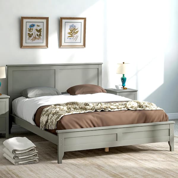 Magic Home Full Size Wood Frame Platform Bed with Center Support Leg, Gray