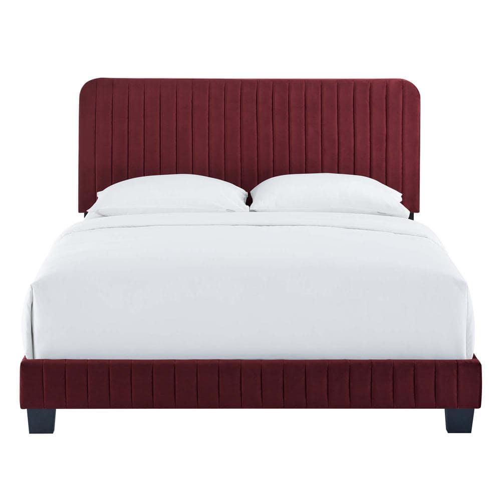 Glam Deco Maroon Velvet Tufted Twin Bed with Sturdy Frame