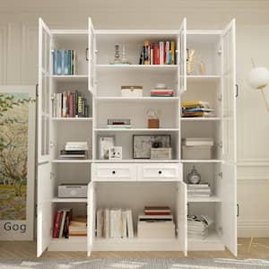 63 in. W x 15.7 in. D x 78.7 in. H White 12-Shelf Wood Standard Bookcase With Doors, Drawers, Adjustable Shelves