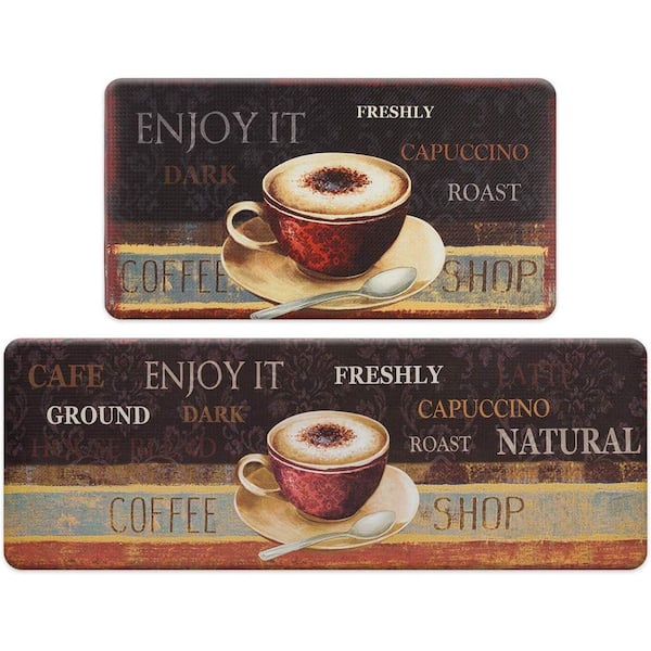 Coffee Kitchen Rug Set 2 Piece Indoor Kitchen Floor Mat Cushioned Anti-Fatigue Brown (17 in. x 30 in. + 17 in. x 47 in.)
