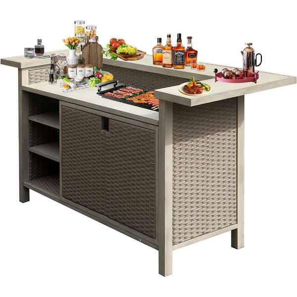 Aluminum-Frame PE Wicker Patio Bar Table, All Weather Use Storage Patio Cabinet Buffet Table, Wood Grain Finish