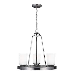 Kemal 3-Light Brushed Nickel Transitional Wagon Wheel Hanging Chandelier with Etched White Inside Glass Shades