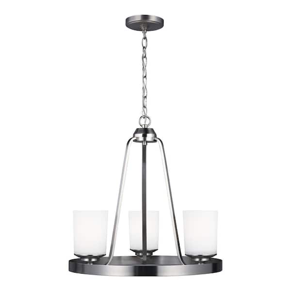 Generation Lighting Kemal 3-Light Brushed Nickel Transitional Wagon Wheel Hanging Chandelier with Etched White Inside Glass Shades