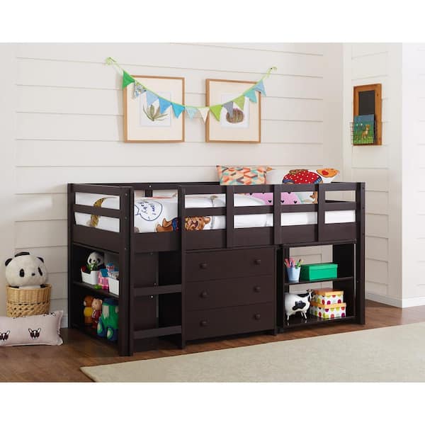 Donco kids low study loft desk twin sales bed with chest and bookcase