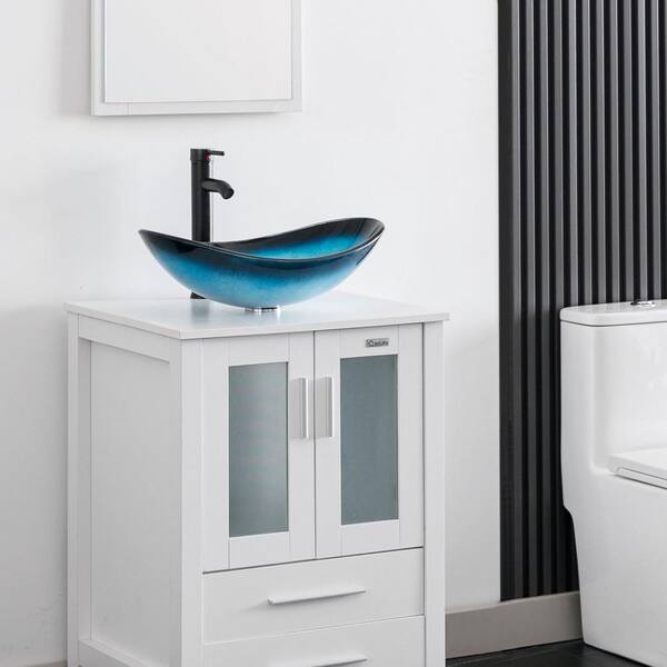 21.3 in. W Modern Oval Glass Vessel Sink in Blue-to-Black Gradient with ORB Fauect Pop Up Drain Set