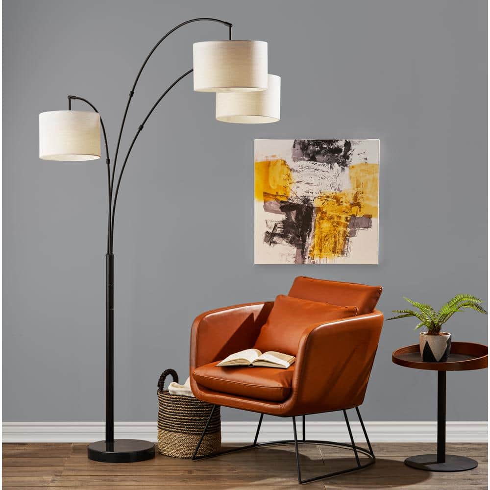 Modern Farmhouse Black Metal 3-Arm Arc Floor Lamp with Taupe Shade
