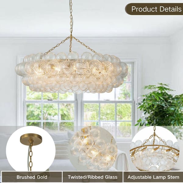 Neuvy 12-Light 40.9 in.W Brushed Brass Modern Bubble Cluster Ring Chandelier with Swirled Glass for Living Room