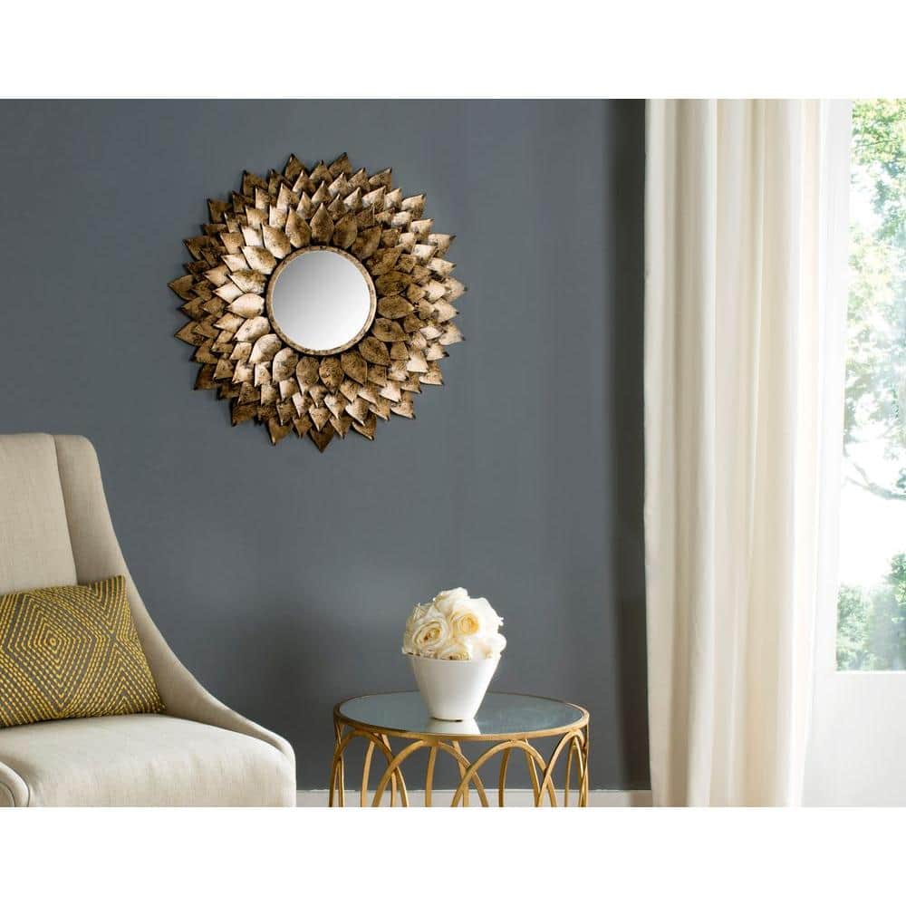 Contemporary Artisan Sunburst Wall Mirror in Antique Gold, 27"