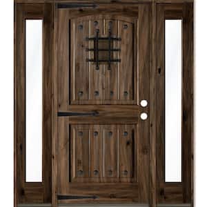 60 in. x 80 in. Mediterranean Knotty Alder Left-Hand/Inswing Clear Glass Black Stain Wood Prehung Front Door w/DFSL