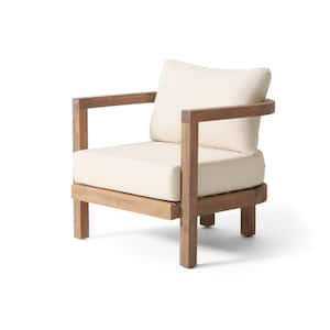Mathena Acacia Wood Outdoor Lounge Chair with Beige Cushions