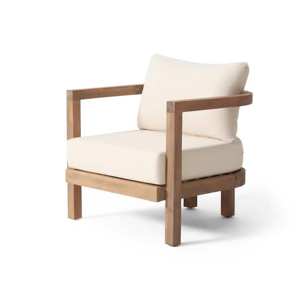 Noble House Mathena Acacia Wood Outdoor Lounge Chair with Beige Cushions