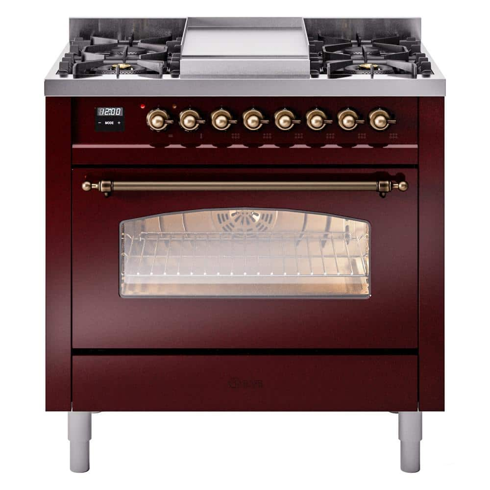 Nostalgie II 36 in. 6 Burner plus Griddle Freestanding Dual Fuel Natural Gas Range in Burgundy with Bronze Trim -  ILVE, UP36FNMPBUB