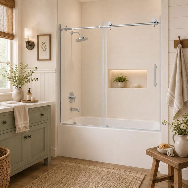Cleo 60 in. W x 60 in. H Sliding Semi-Frameless Tub Door in Silver Finish with Clear Tempered Glass