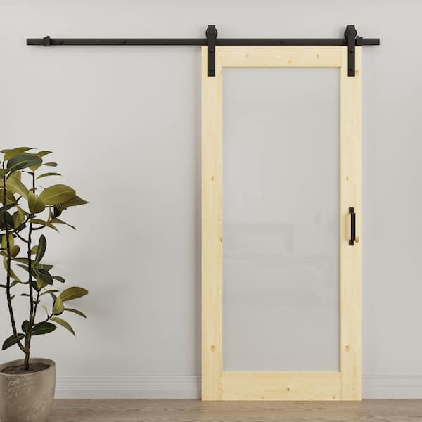 36 in. x 80 in. 1-Lite Tempered Frosted Glass Unfinished Solid Core Pine Wood Sliding Barn Door with Hardware Kit
