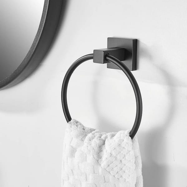 Wall Mounted Towel Ring Bath Round Towel Hanger for Bathroom Square Base Hand Towel Holder in Matte Black