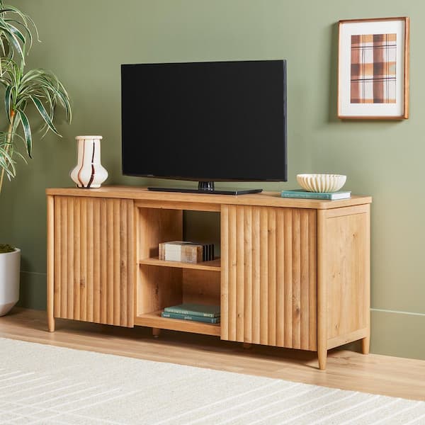 Walker Edison Furniture Company Contemporary 58 in. English Oak TV Stand with 2 Fluted Doors (Max TV size 70 in. )