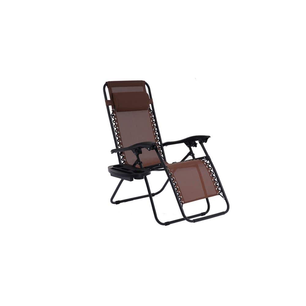 Brown Adjustable Backrest Fabric Outdoor Lounge Chair in Black-1 Frame (Set