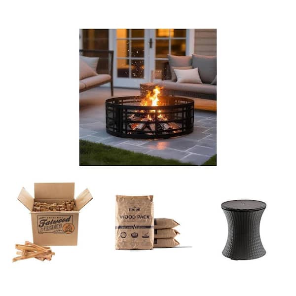 36 in. Metal Fire Pit Ring, 10 lbs. Fatwood Kindling, 4-Pack Wood, and 7.5 Gal. Rattan Drink Cooler Combo