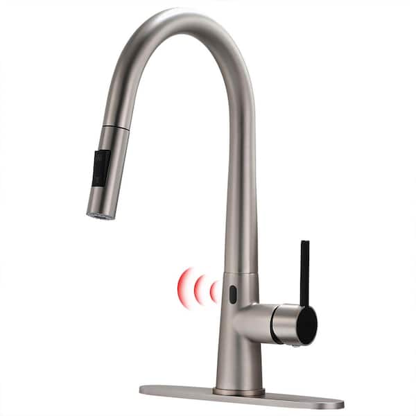 Tahanbath Single-Handle Touchless Pull Down Sprayer Kitchen Faucet, Infrared Motion Spring Sink Faucets in Brushed Nickel