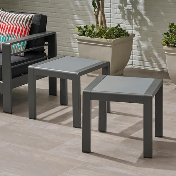 Noble House Cape Coral Grey Square Aluminum Outdoor Patio Side Table (Set of 2)