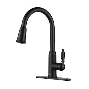 Single Handle Pull-Down Sprayer Kitchen Faucet with Three-function Pull out Sprayer head, Deckplate in Matte Black