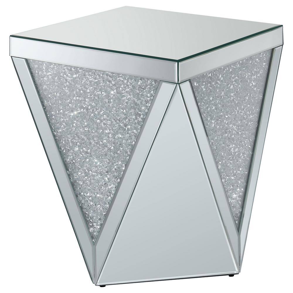 Contemporary Silver Mirrored Square End Table with Triangular Detailing