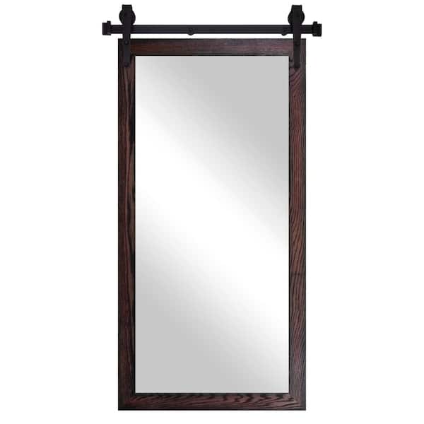 Rayne Mirrors (33 in. W x 58 in. H) Black Cherry Oak Hardwood Mirror With Steel Barndoor Rail