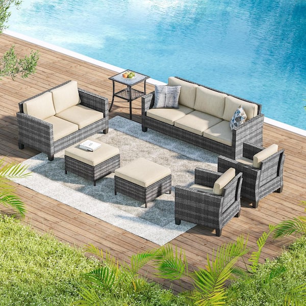 Sonkuki 7-Pieces Patio Conversation Set with Side Table, Outdoor Armchair and Ottomans Gray Wicker with Beige Cushions
