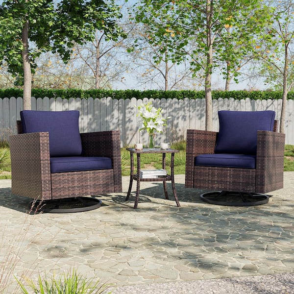 3-Piece Brown Wicker Outdoor Swivel Rocking Chairs Patio Bistro Set with Side Table Navy Blue Cushion