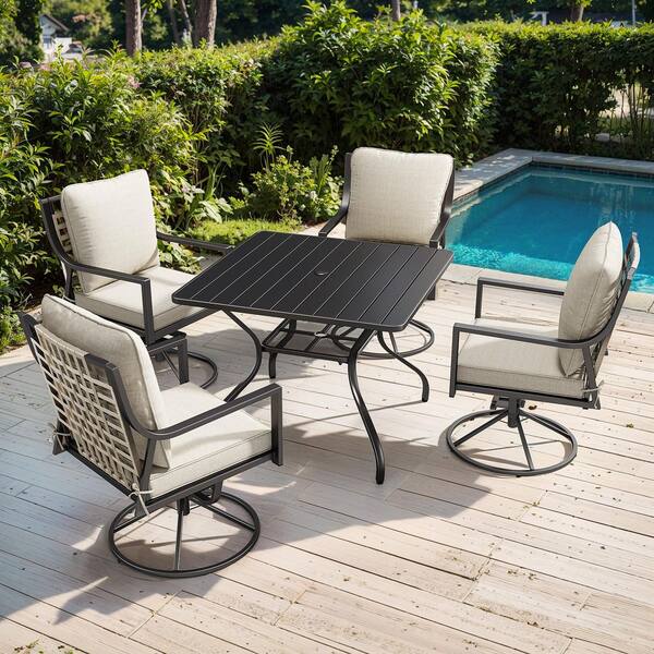 Mixed Beige 3 Piece Wicker Patio High-End Seat Set with Beige Cushion All Weather Swivel Rocking Chair