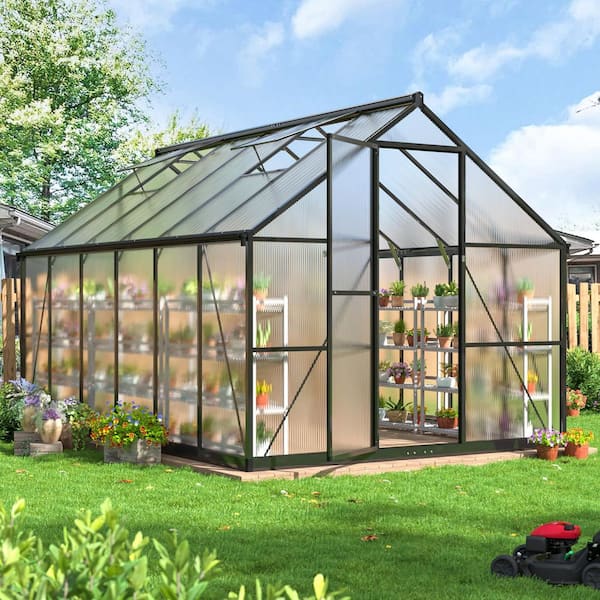 NETAJE 8 ft W x 12 ft D Black Polycarbonate Greenhouse with Quick