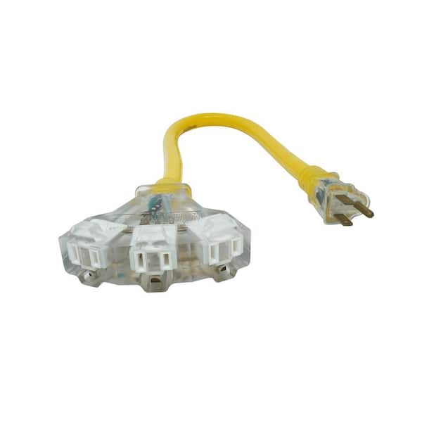 Yellow Jacket 2 ft. 12/3 SJTW 3 Multi-Outlet Outdoor Heavy-Duty Adapter Extension Cord with Power Light Block