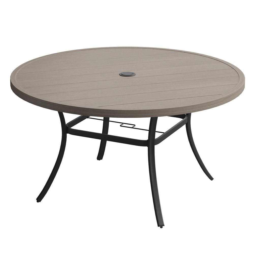 Erovio 50 in. Gray Wood-Like Round Metal Outdoor Dining Table for