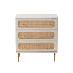 Framhouse 3-Drawer Rattan Front White Wood Chest Nightstand with Metal Gold Legs (26 in. W x 28 in. H x 13.6 in. D)