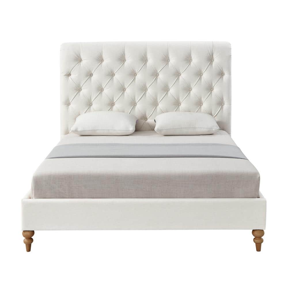 Rustic Manor Blanchet Cream White Linen Twin Bedframe with Tufted Headboard, Ivory
