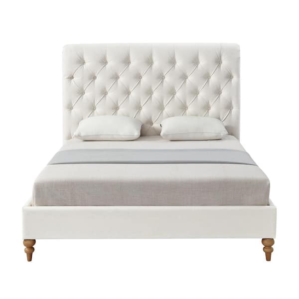 Rustic Manor Blanchet Cream White Linen Twin Bedframe with Tufted Headboard