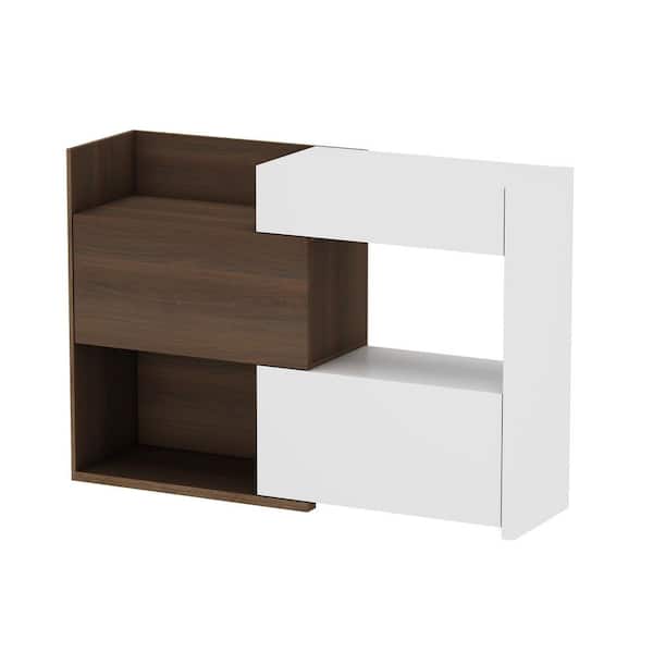 40.5 in.H x 58.4 in.W White and Brown Wooden Grain Wood Shoe StorageCabinet with 1 Drawer 3 Open Shelf & 4 Shelf in Door